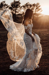Amazing Mermaid Off the shoulder Tull Applique Rustic Wedding Dress